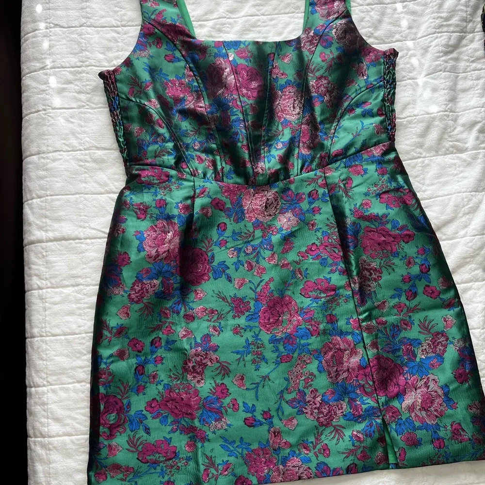 Lulus Compelling Drama Green Floral Jacquard Lurex Bustier Mini Dress - Size XL - Picture 6 of 7